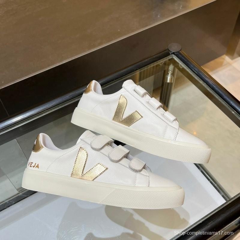 2025 Women VEJA White Gold Leather Strap Sneakers