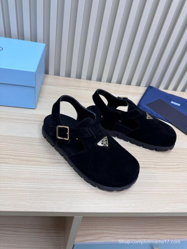 2025 Women Prada Black Suede Sandals LY00280