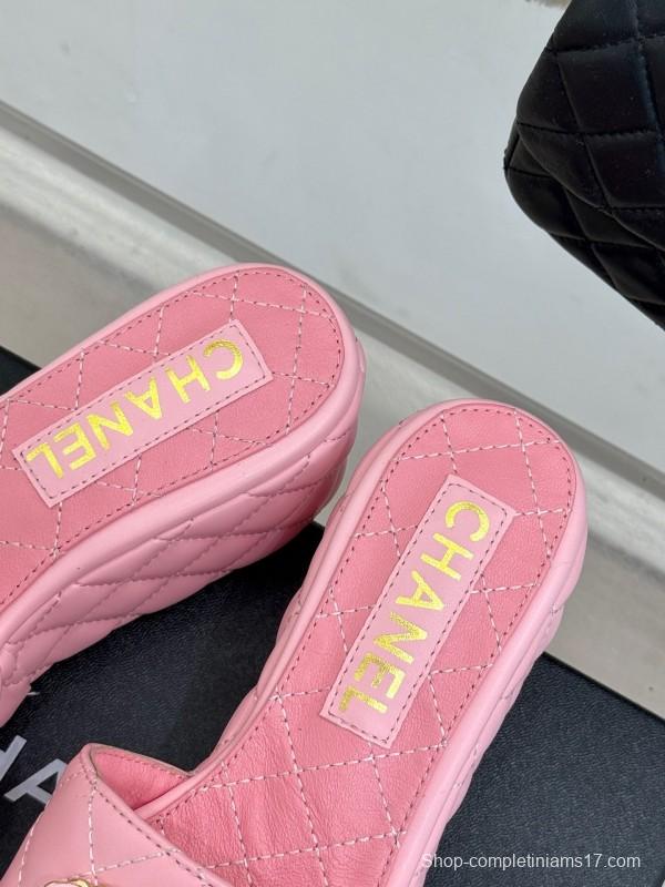 2025 Women Chanel Pink Leather Platform Slide Sandals