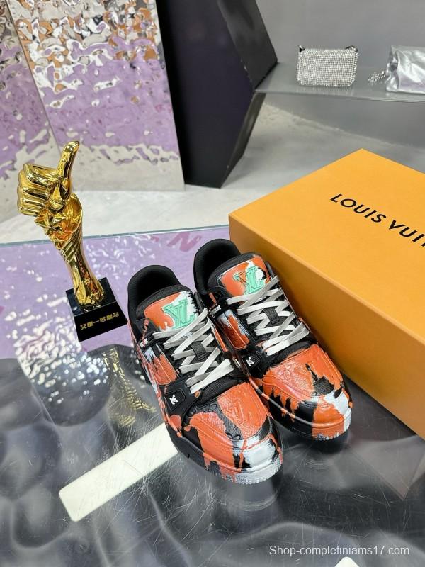 2024 Unisex Louis Vuitton Orange Black White Leather Denim Plimsolls Artist Hand-drawn MJ00780