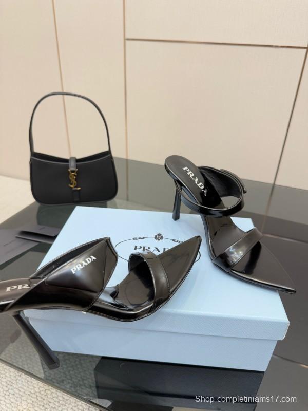 2025 Women Prada Black Leather Sandals