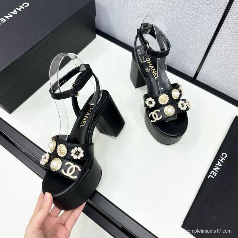 2025 Women Chanel Black Leather Platform Sandals MJ00310