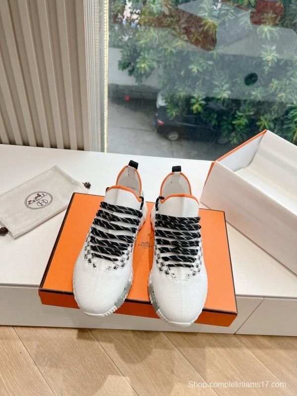 2024 Unisex Hermès White Black Orange Calfskin Suede Knit Sneakers MJ00290