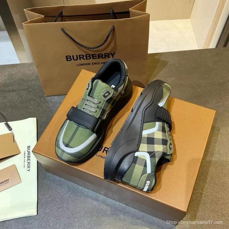 2025 Unisex Burberry Green Black Cotton Calfskin Suede Sneakers MJ00360(W)