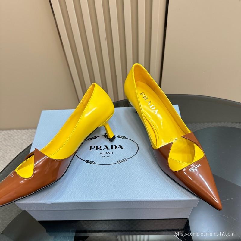 2025 Women Prada Brown Yellow Leather Heels KFY00310