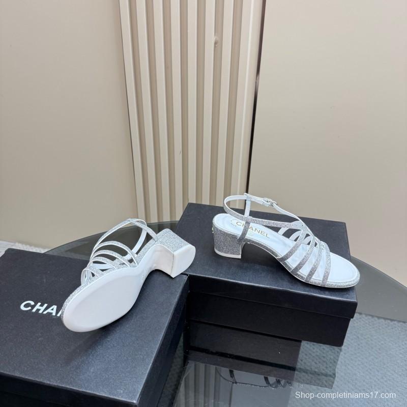 2025 Women Chanel Silver Leather Sandals