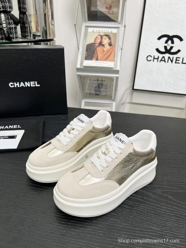 2025 Women Chanel Beige Gold Leather Suede Sneakers LY00290