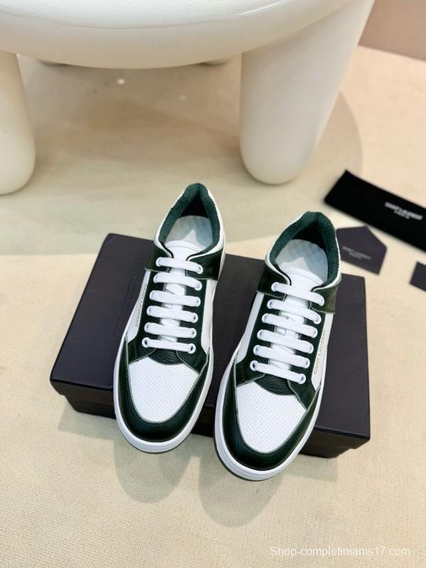 2024 Unisex Yves Saint Laurent White Dark Green Leather Silk Cowhide SL61 Casual Shoes Perforation MJ00350