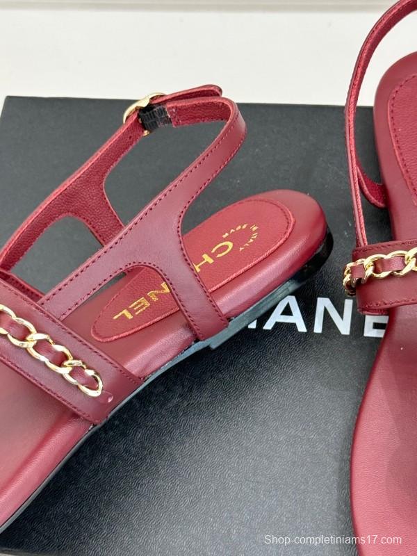 2025 Women Chanel Red Leather Sandals Chain Decoration