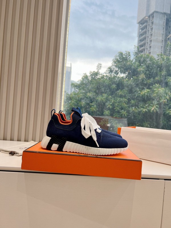 2024 Unisex Hermès Navy Brown Calfskin Suede Knit Sneakers MJ00290