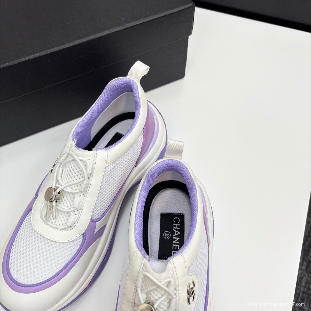 2025 Women Chanel White And Purple Leather And Mesh Casual Sneakers Chunky Sole Classic Logo LY00360(F)