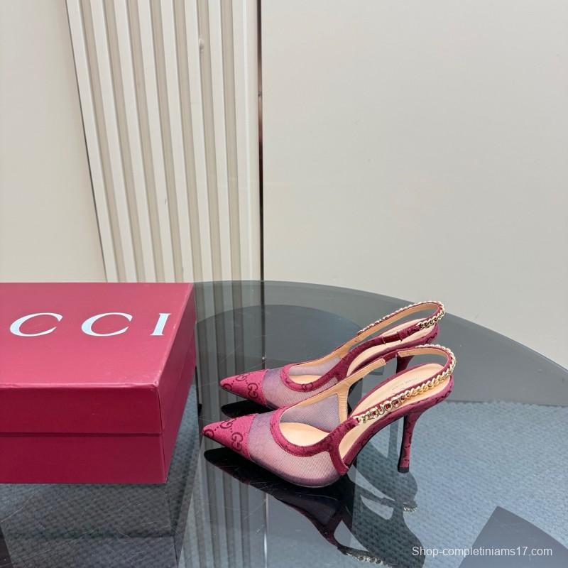 2025 Women Gucci Burgundy Mesh Chain Detail Slingback Pumps KFY00300(F)