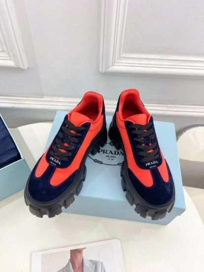 2025 Unisex Prada Red Navy Suede Silk Sneakers KFY00310(F)/KFY00330(M)