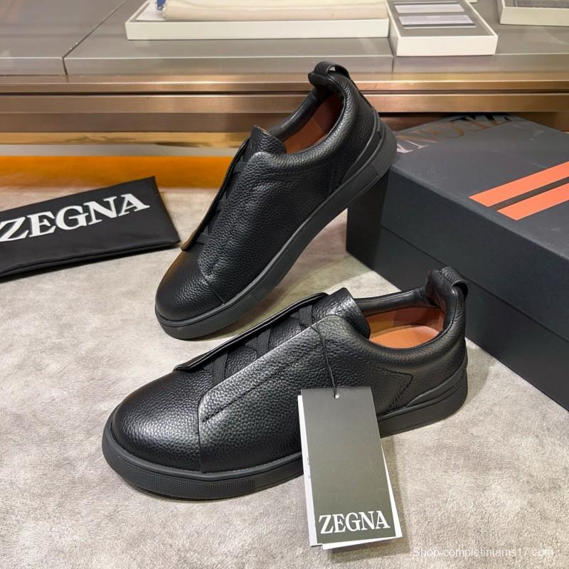 2024 Men Ermenegildo Zegna Black Calf Leather Sneakers MJ00280