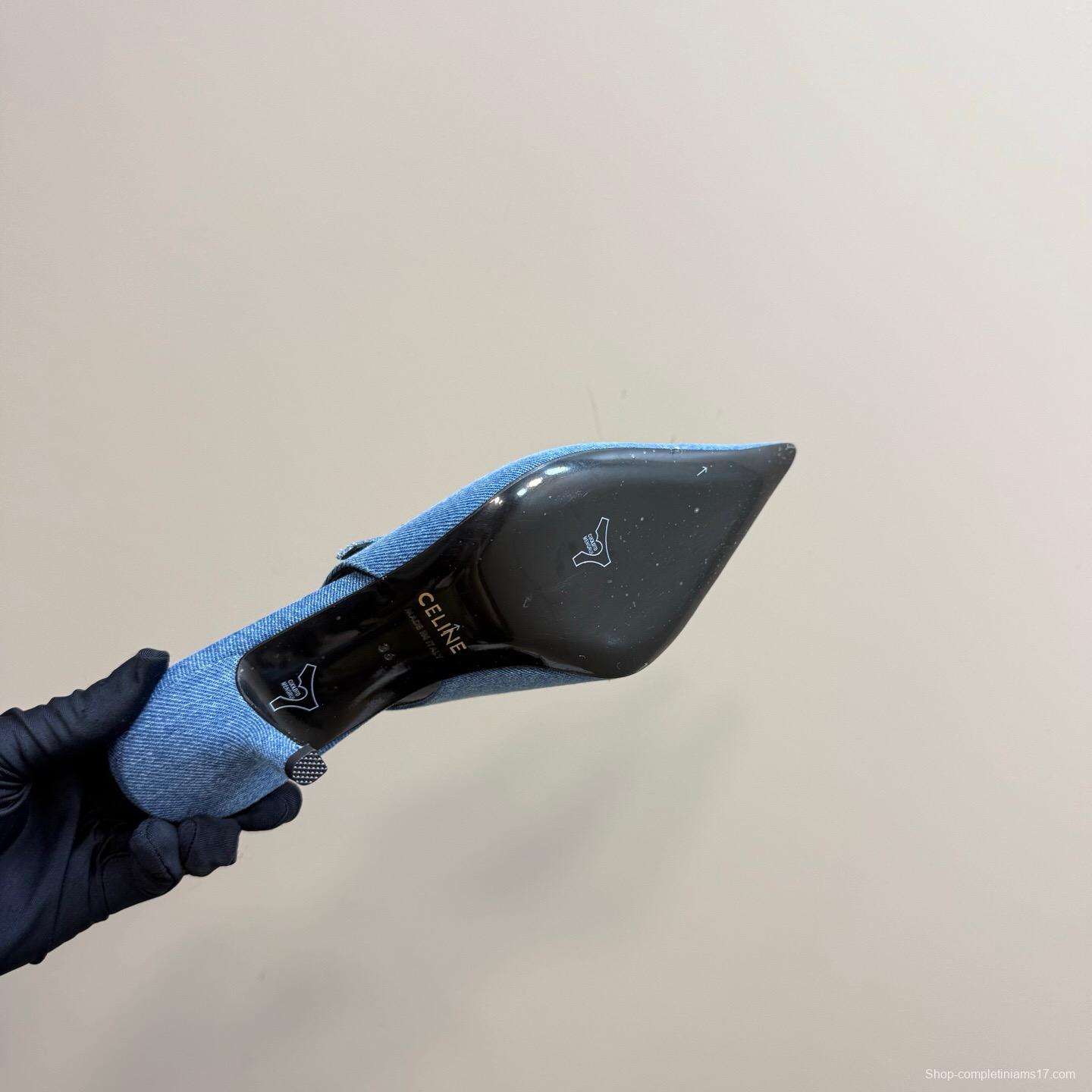 2025 Women CELINE Blue Denim Suede Slingback Pumps KFY00290