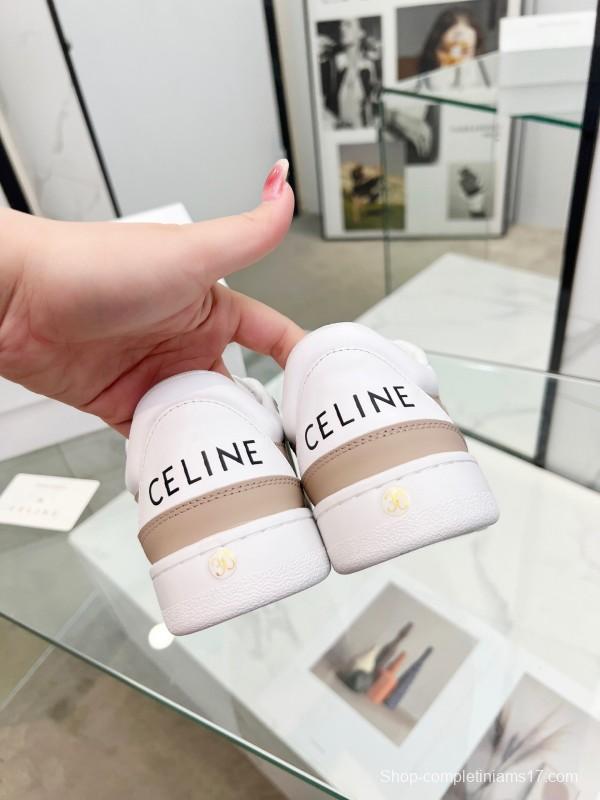 2025 Women Celine White Beige Leather Sneakers BLOCK TRIOMPHE KFY00260