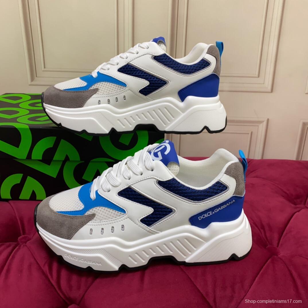 2025 Unisex Dolce & Gabbana White Blue Grey Mesh Leather Sneakers LY00330(F)/LY00340(M)