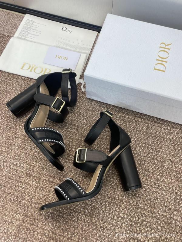 2025 Women Dior Black Leather High Heel Sandals Studded KFY00320