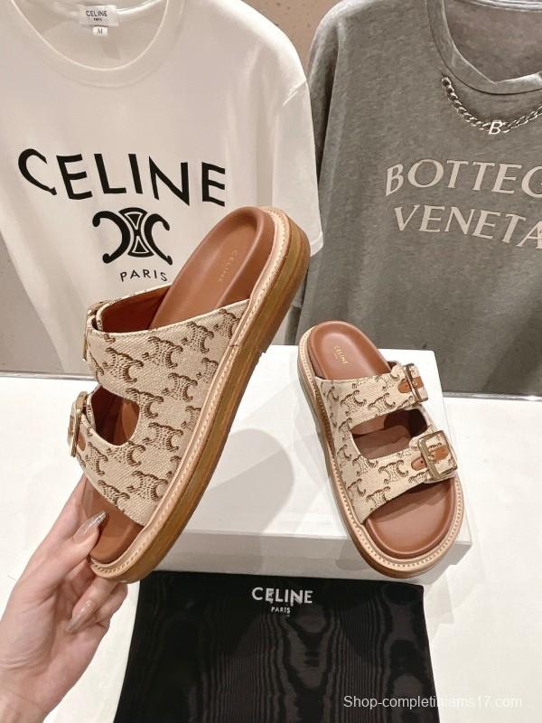2025 Women Celine Beige Canvas Vintage Style Double Buckle Sandals Handcrafted Unisex LY00360(F)
