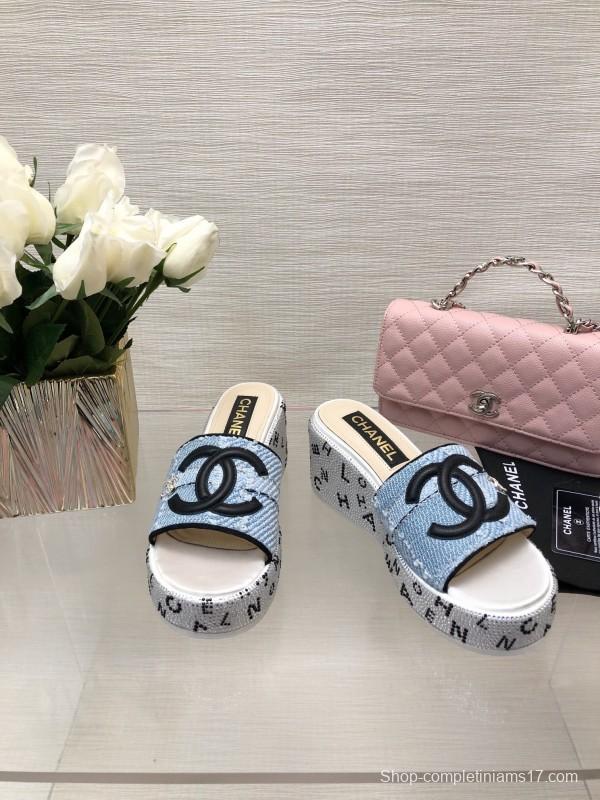 2025 Women Chanel Blue Denim Canvas Slippers LY00320