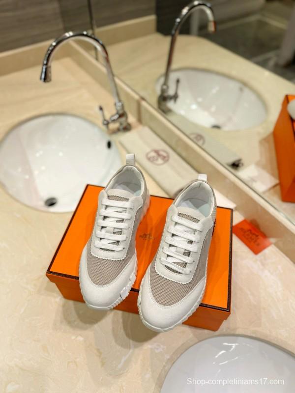 2024 Women Hermès White Beige Mesh Leather Sneakers MJ00320