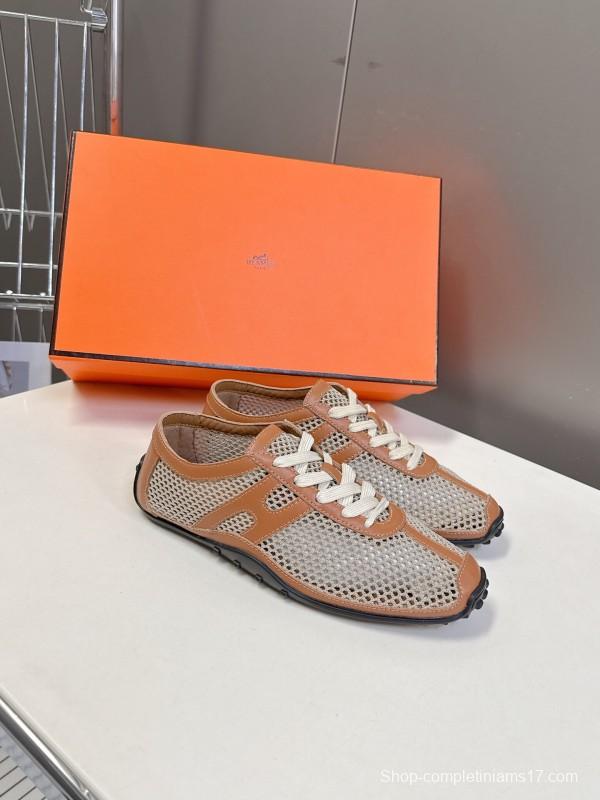 2025 Women Hermès Beige Brown Leather Mesh Sneakers KFY00250