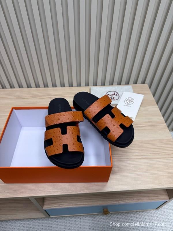 2025 Women Hermès Brown Black Leather Slippers