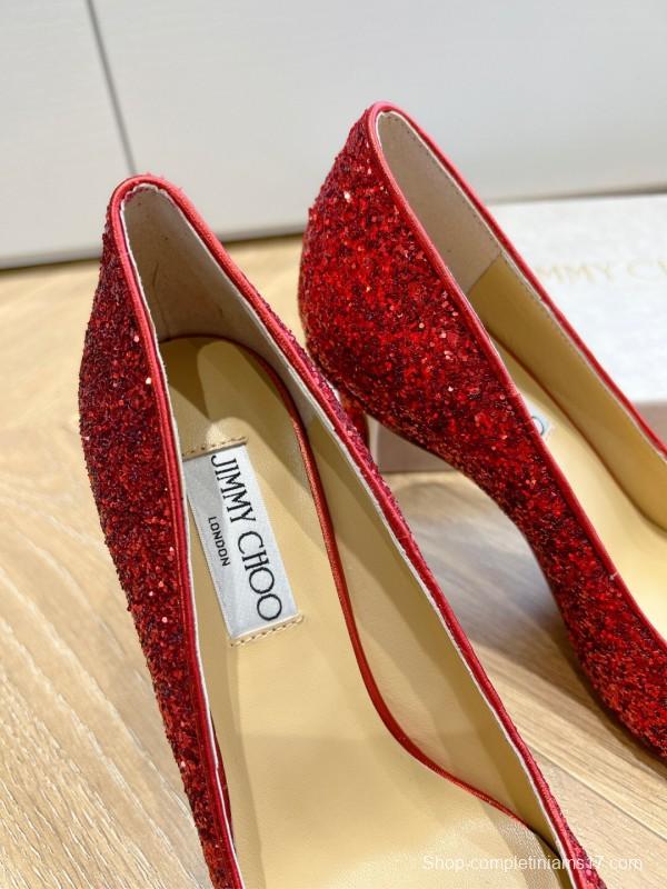 2025 Women Jimmy Choo Red Glitter Leather Pumps