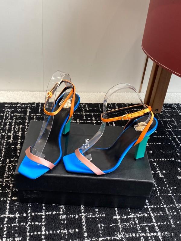 2025 Women Yves Saint Laurent Blue Orange Pink Leather Suede High Heel Sandals
