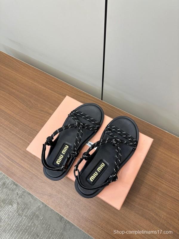 2025 Women Miu Miu Black Leather Rope Sandals