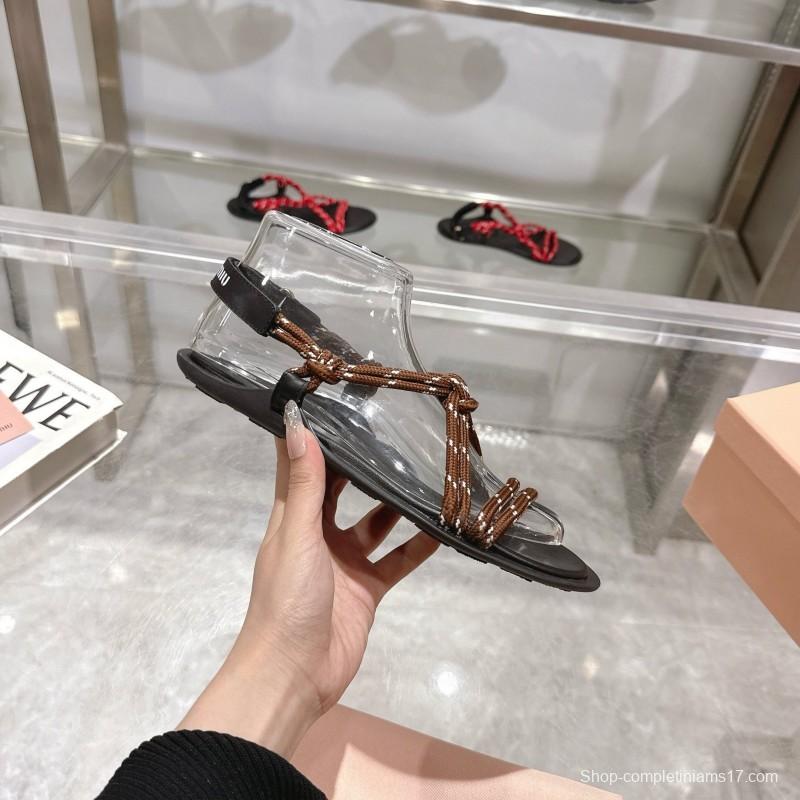 2025 Women Miu Miu Brown Rope Leather Sandals