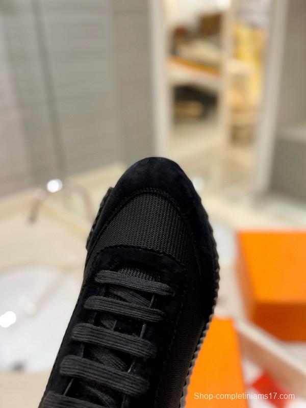 2024 Unisex Hermès Black Imported Glossy Goat Suede Rainproof Fabric Casual Sneakers MJ00320