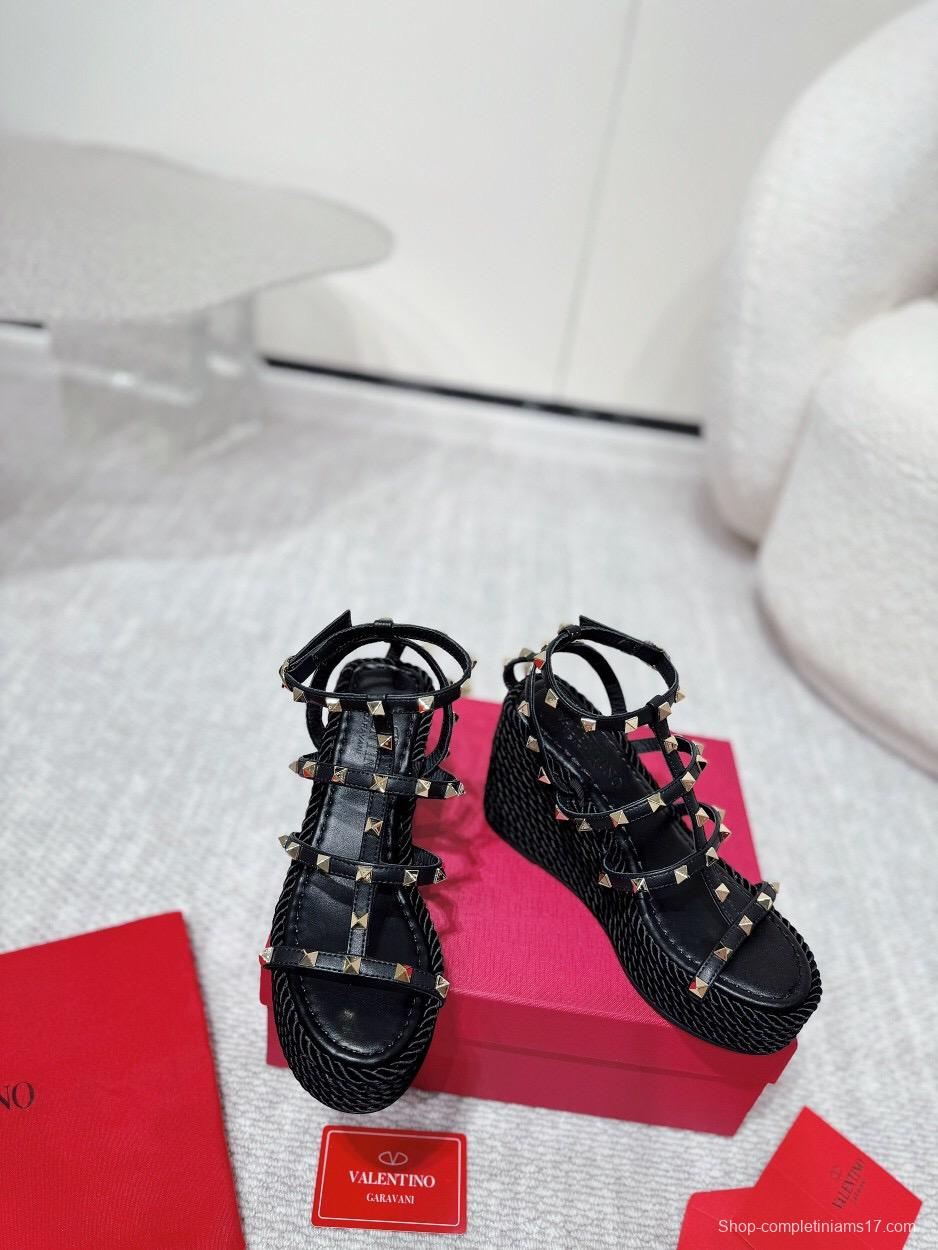 2025 Women Valentino Black Leather Studded Wedge Sandals