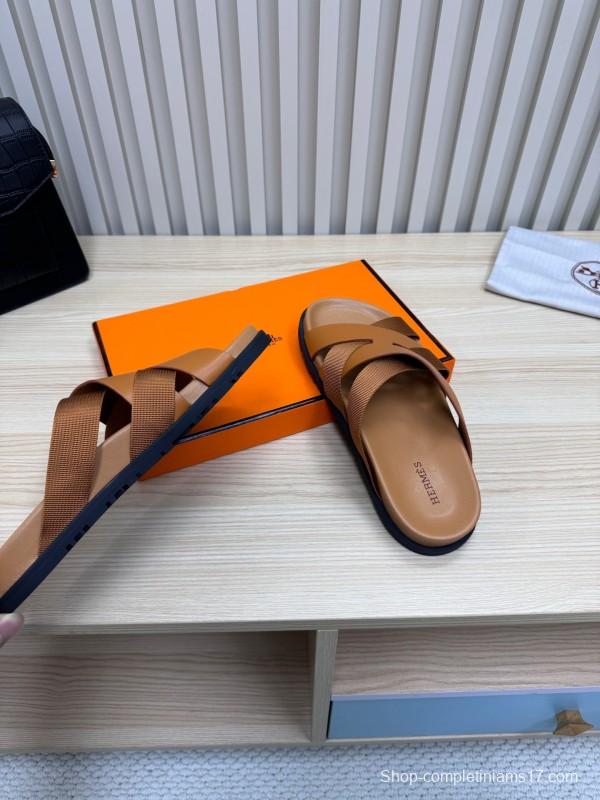 2025 Men Hermès Brown Leather Slippers