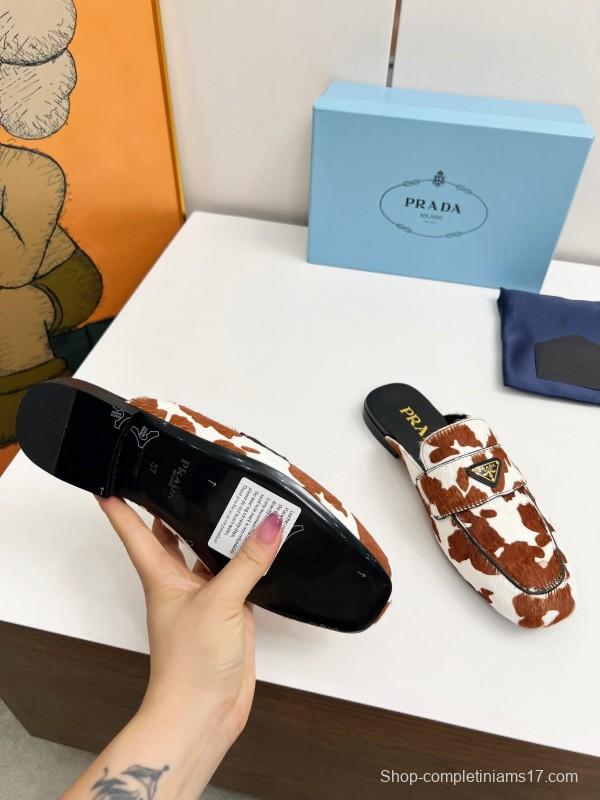 2025 Women Prada Brown White Calf Hair Leather Slippers LY00260