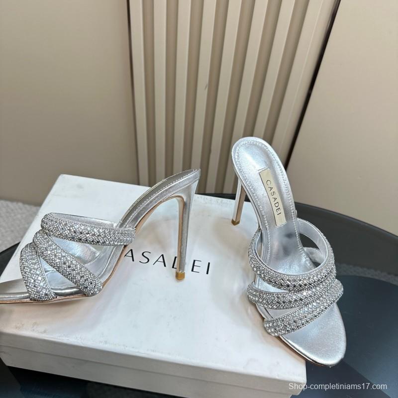 2025 Women Casadei Silver Leather High Heel Crystal Embellished KFY00290