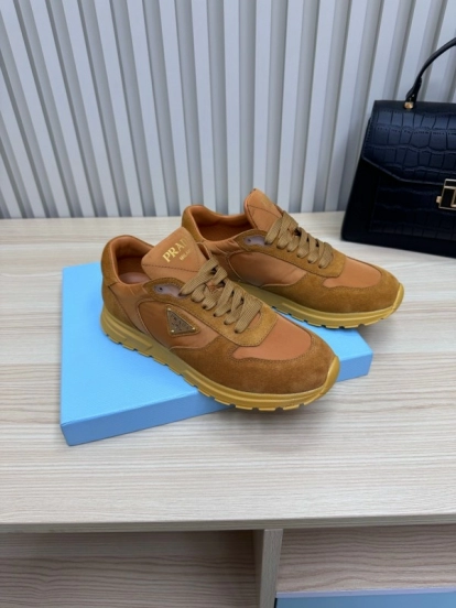 2025 Women Prada Brown Suede Nylon Sneakers LY00300