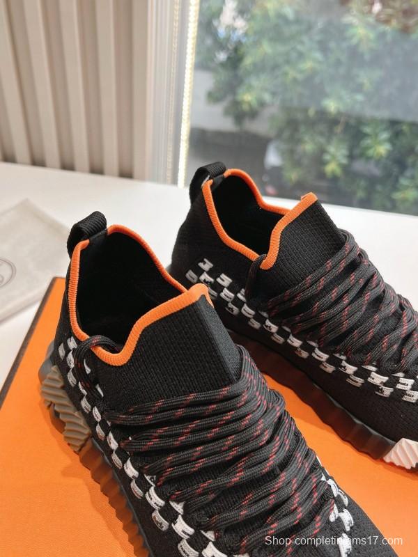 2024 Unisex Hermès Black Orange Calf Suede Knit Sneakers MJ00290(W/M)