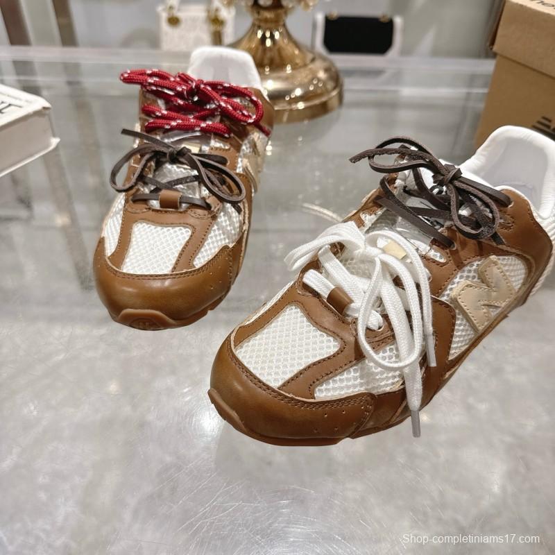 2025 Women Miumiu Brown White Leather Mesh Sneakers