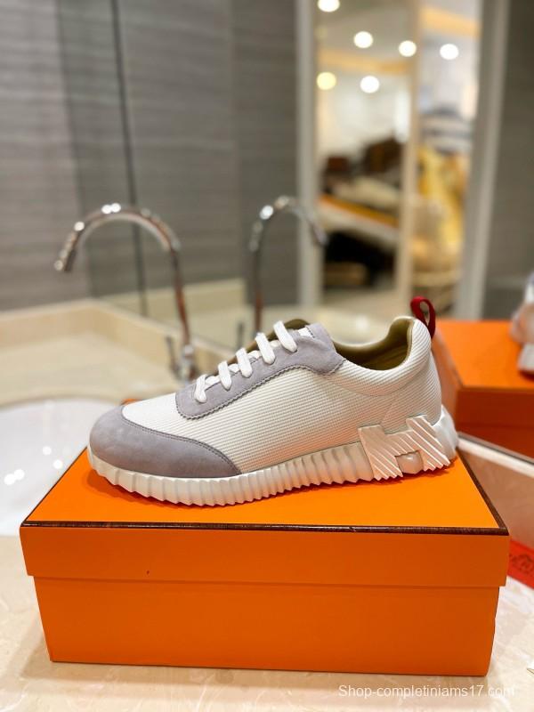 2024 Unisex Hermès White Grey Silk Leather Sneakers MJ00320