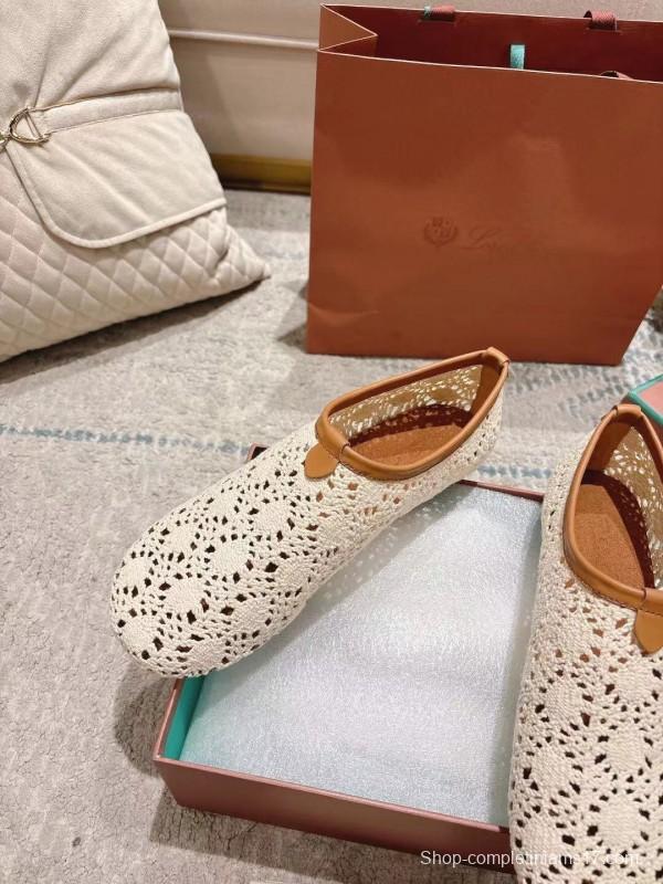 2025 Women LP Beige Brown Leather Crochet Ballet Flats