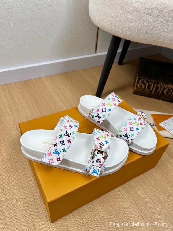 2025 Women Louis Vuitton White Multicolor Canvas Slippers KFY00280