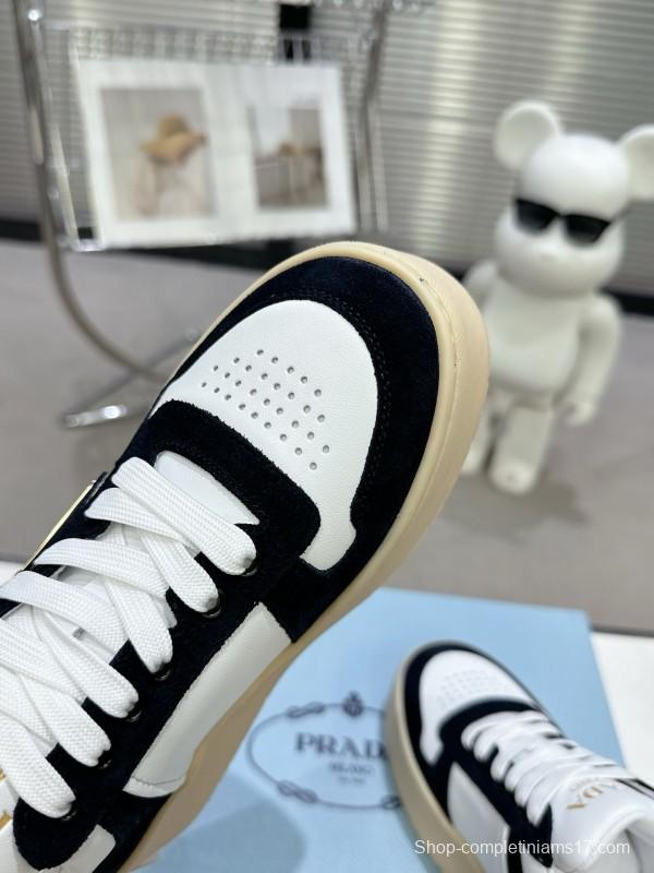 2025 Women Prada Black White Leather Suede Sneakers Downtown Bold KFY00310