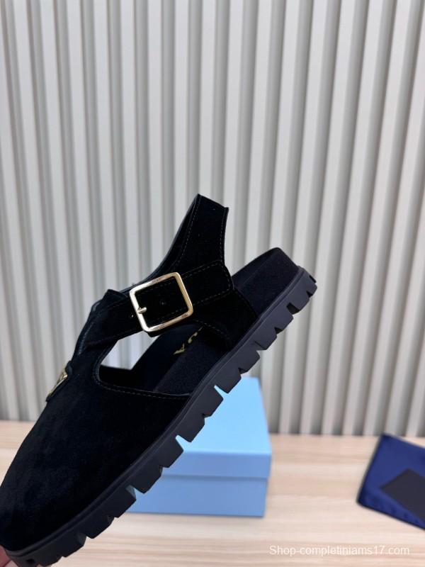 2025 Women Prada Black Suede Sandals LY00280