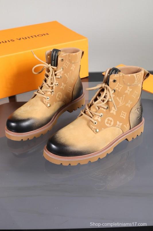 2024 Men Louis Vuitton Beige Black Leather Canvas Boots MJ00470