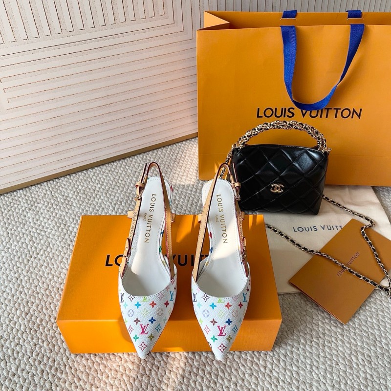 2025 Women Louis Vuitton White Multicolor Canvas Leather Slingback Pumps