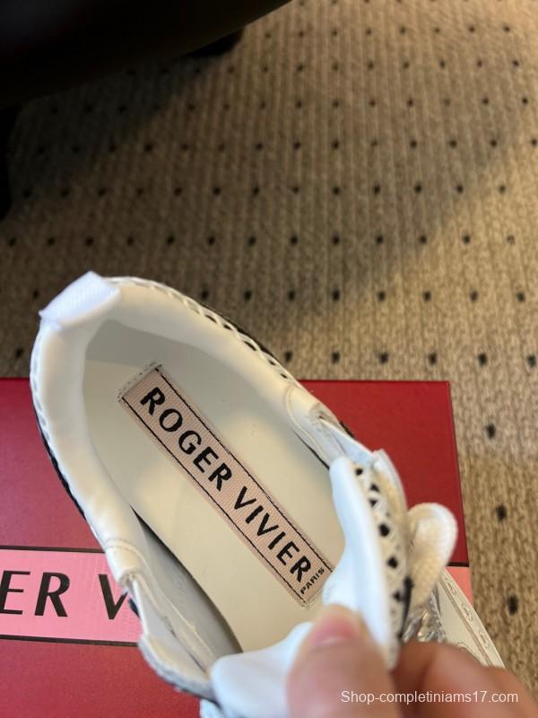 2025 Women Roger Vivier White Black Leather Synthetic Fabric Sneakers KFY00380