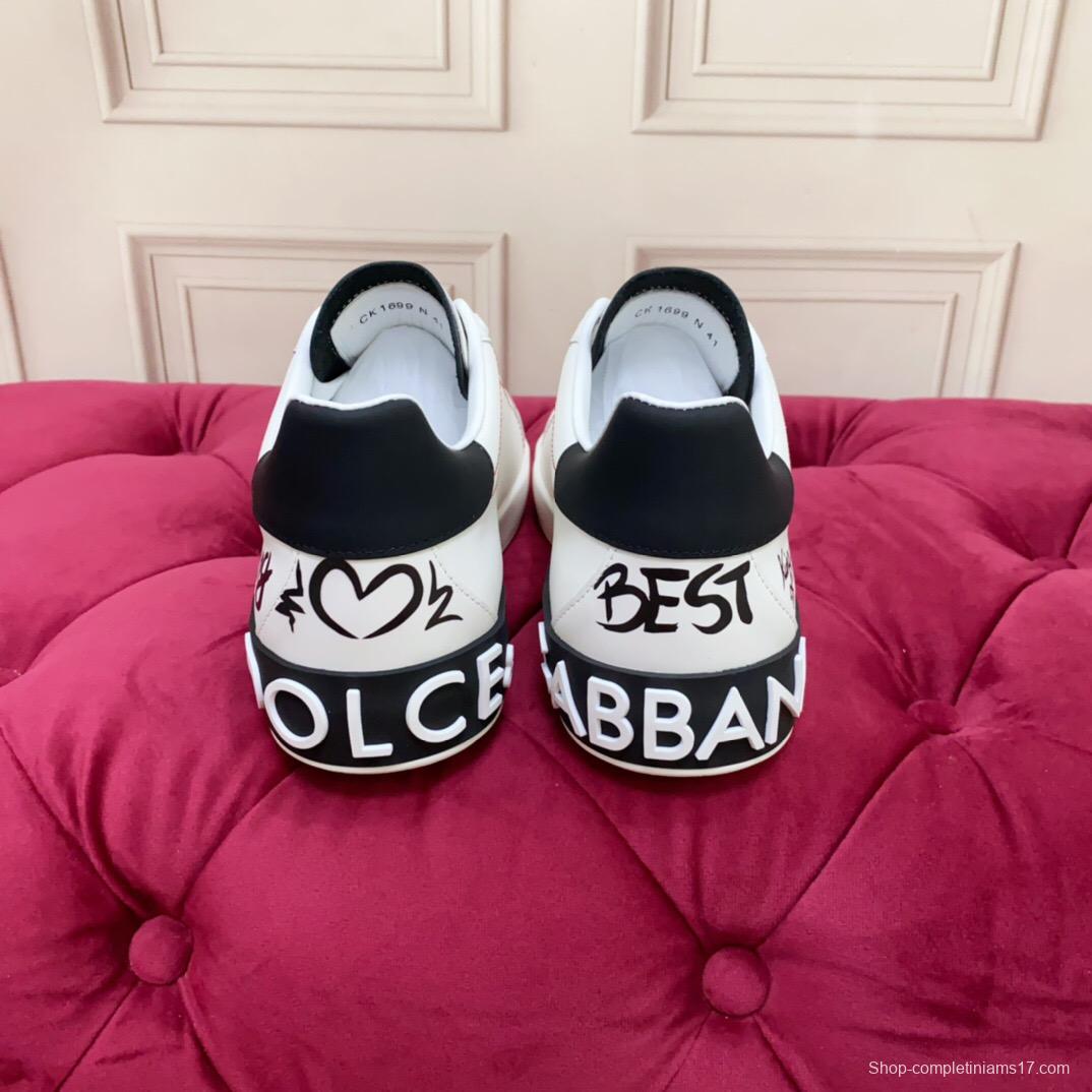 2025 Women Dolce & Gabbana White Black Leather Sneakers LY00340(F)