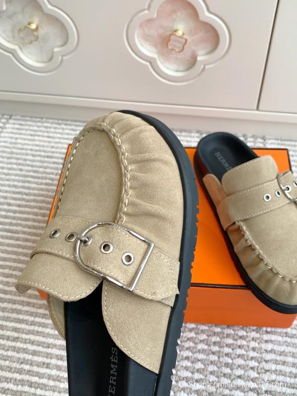 2025 Women Hermès Beige Suede Mule Loafers KFY00290