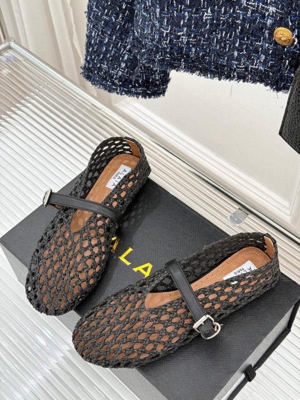 2025 Women AlAIA Black Leather Woven Mary Jane